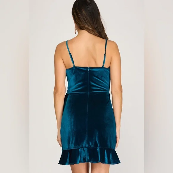 Knit Stretch Velvet Wrap Dress With Side Tie in Teal Blue - Picture 2 of 2